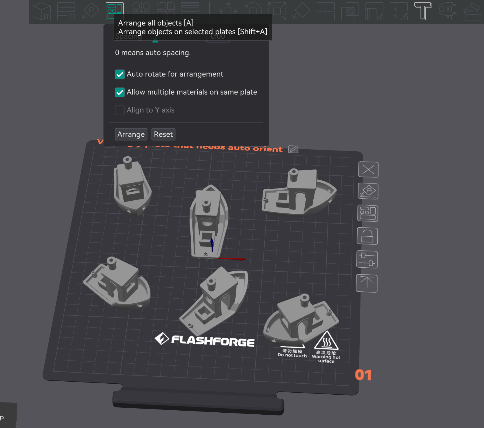 Process of auto arranging parts in Orca Flashforge.